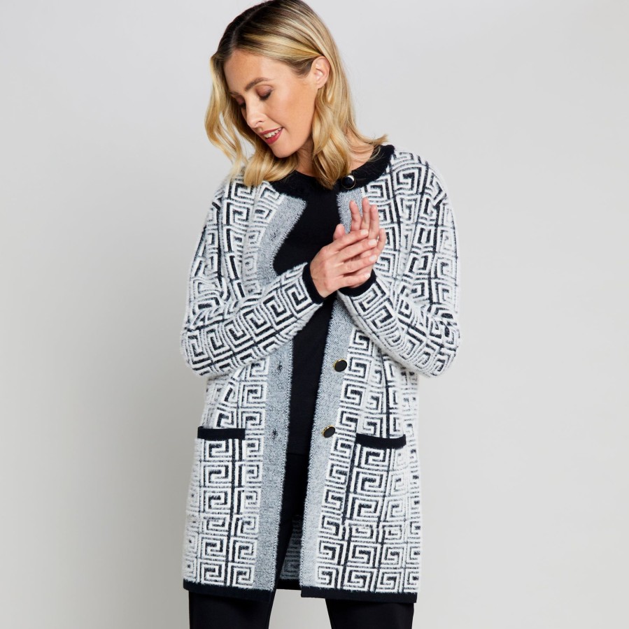 Tops Emreco Cardigans | Long Sleeve Retro Print Coatigan Black / White