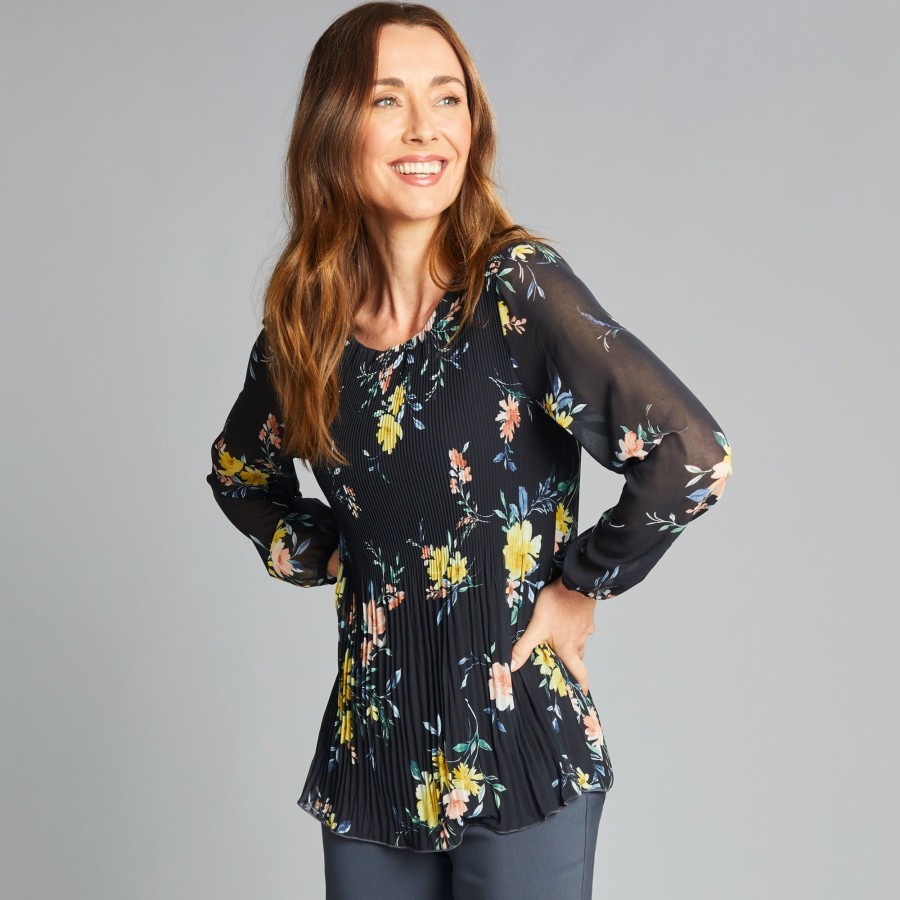 Tops Emreco Shirts & Blouses | Long Sleeve Print Pleated Swing Top Black