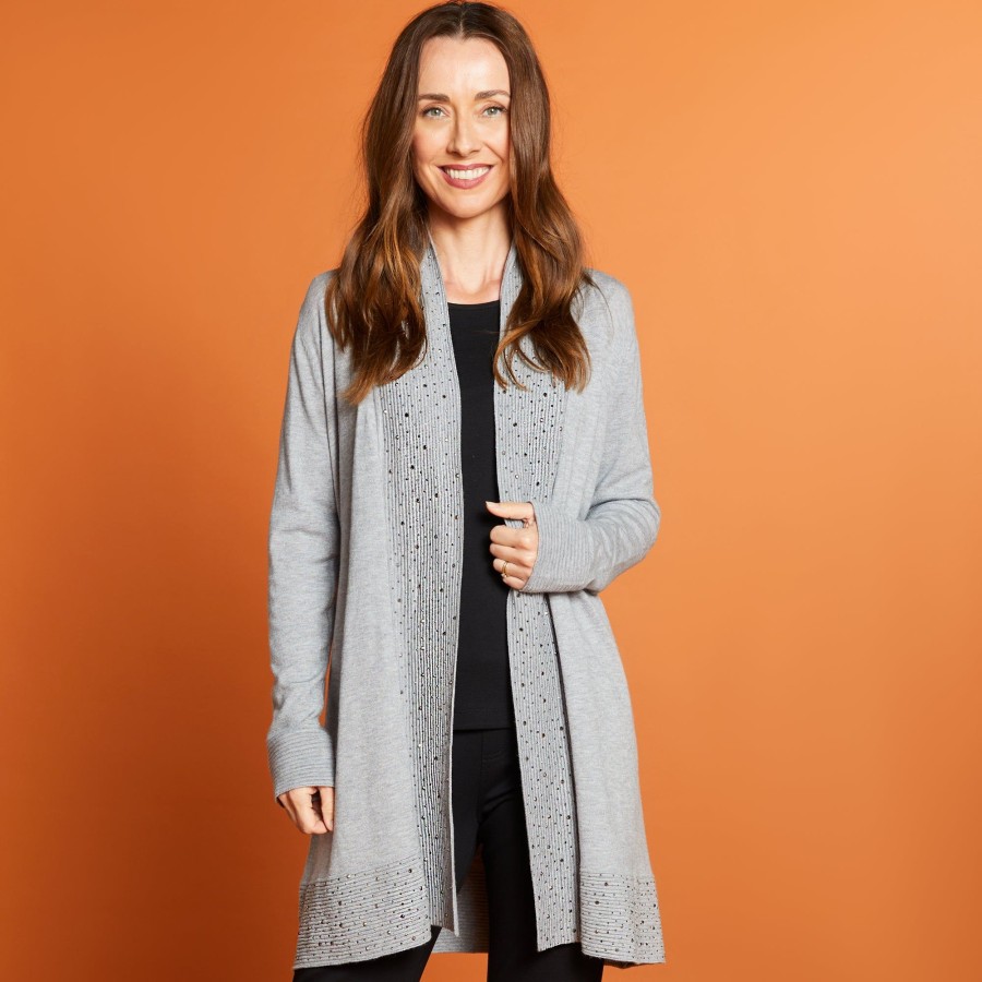 Tops Emreco Cardigans | Long Sleeve Sparkle Cardigan Grey