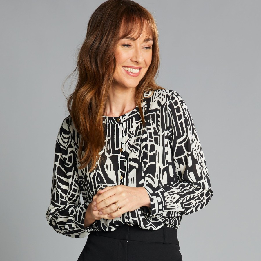 Tops Emreco Shirts & Blouses | Long Sleeve Print Pintuck Button Blouse Black / White