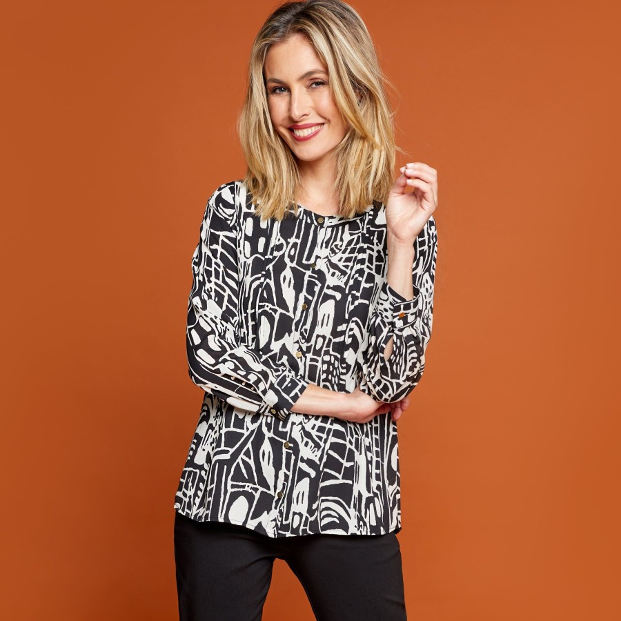 Tops Emreco Shirts & Blouses | Long Sleeve Print Pintuck Button Blouse Black / White