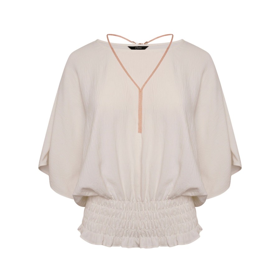 Tops Emreco Shirts & Blouses | Angel Sleeve Shirred Blouse Top Necklace Ivory