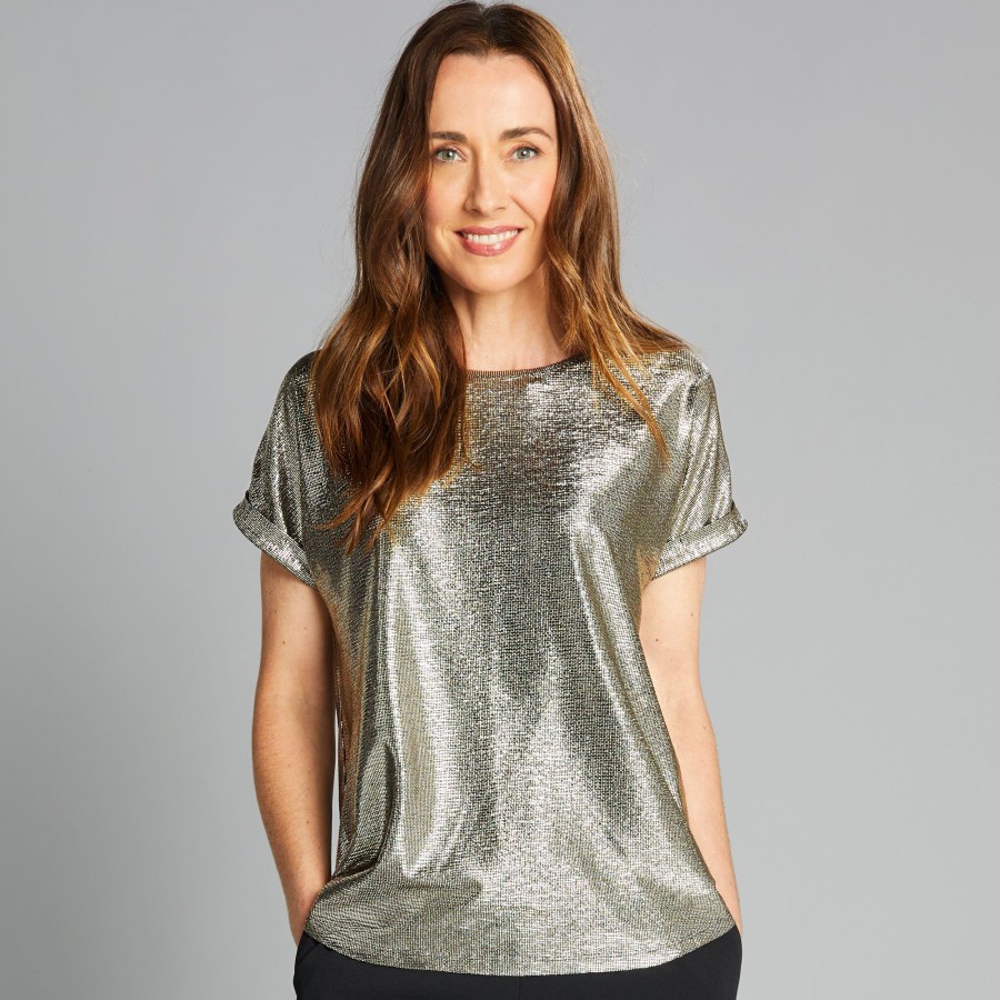 Tops Emreco T-Shirts & Tops | Roll Sleeve Sparkle Top Gold