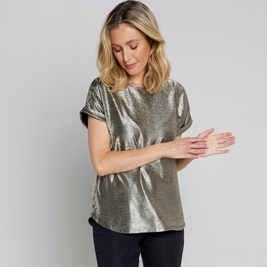 Tops Emreco T-Shirts & Tops | Roll Sleeve Sparkle Top Gold