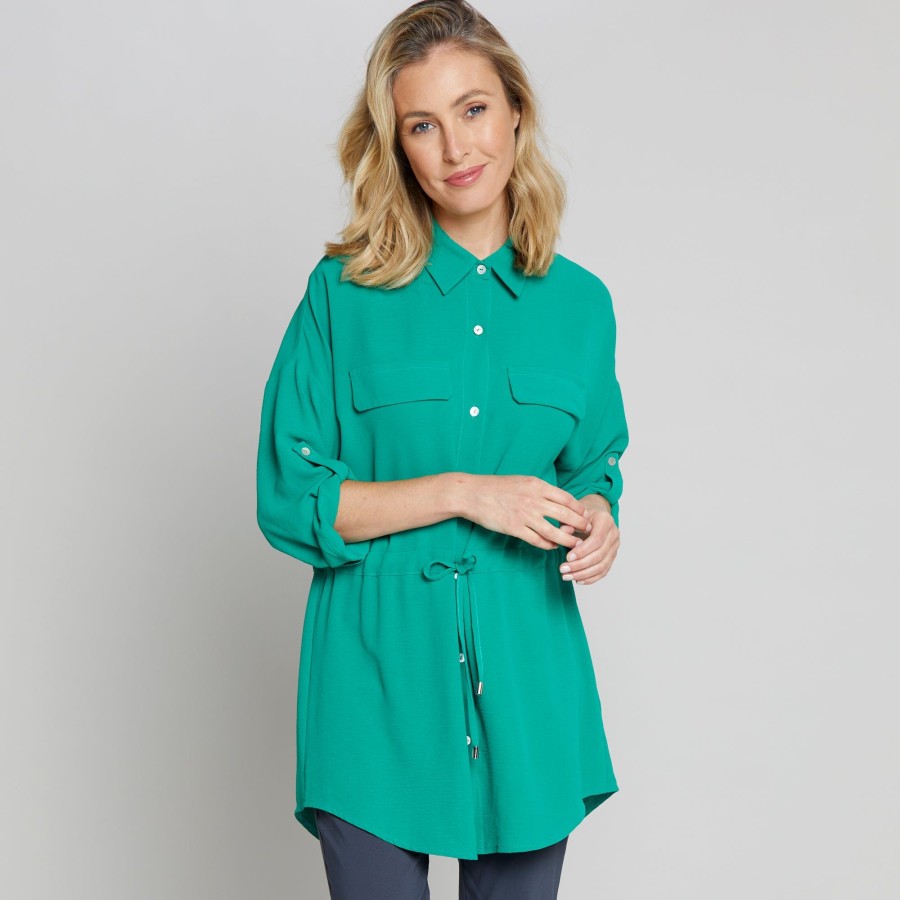 Tops Emreco Shirts & Blouses | Roll Sleeve Tie Waist Tunic Shirt Green