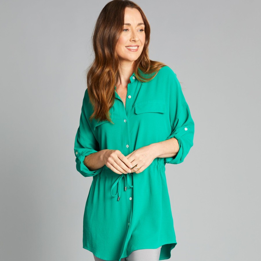 Tops Emreco Shirts & Blouses | Roll Sleeve Tie Waist Tunic Shirt Green