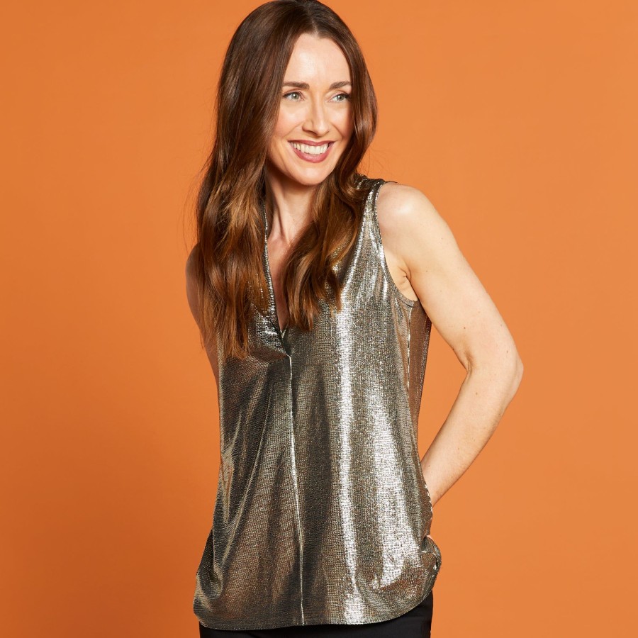 Tops Emreco Sleeveless | Sleeveless Sparkle Pleat Front Vest Gold