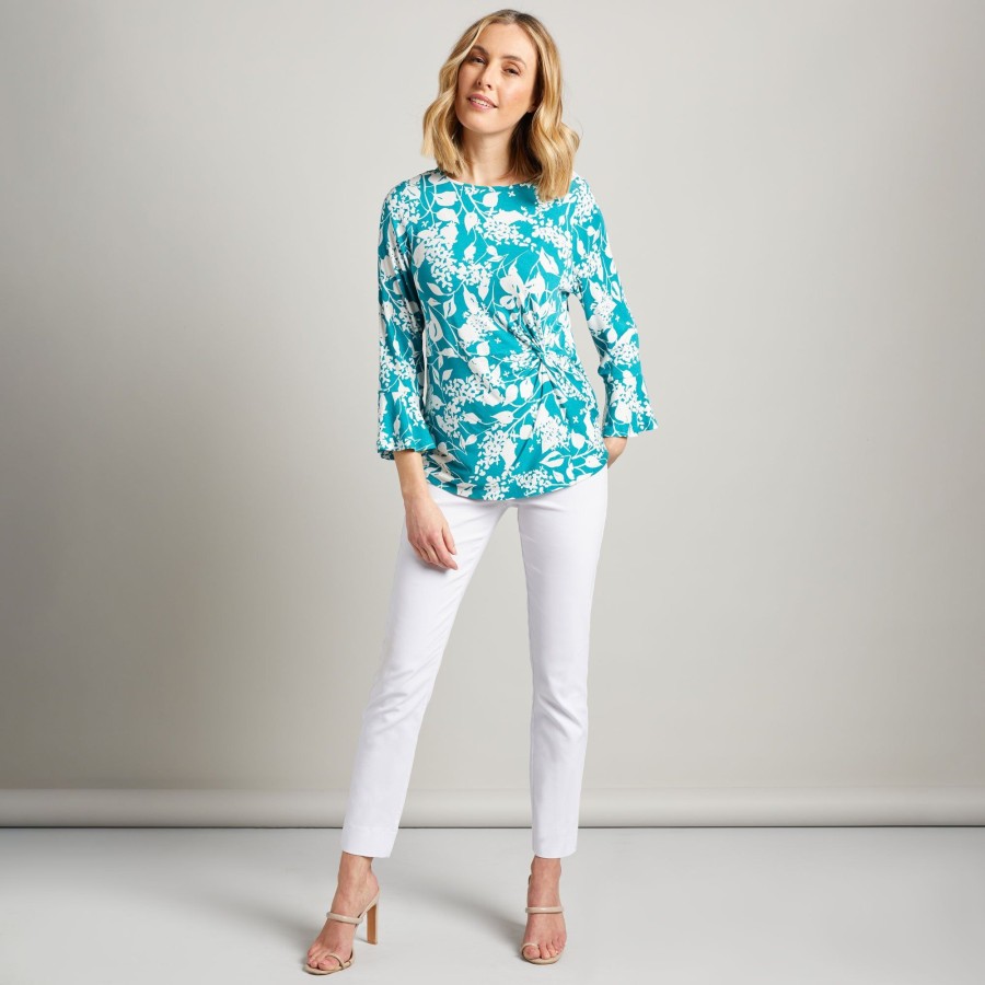 Tops Emreco Shirts & Blouses | Gathered Fluted Sleeve Floral Top Green/White