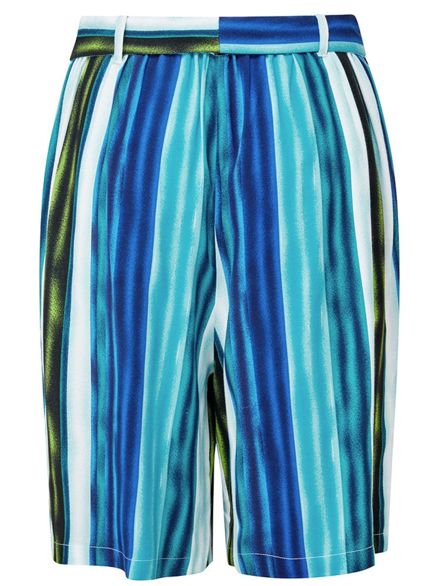 Bottoms Emreco Printed | Tie Waist Shorts Blue Stripe