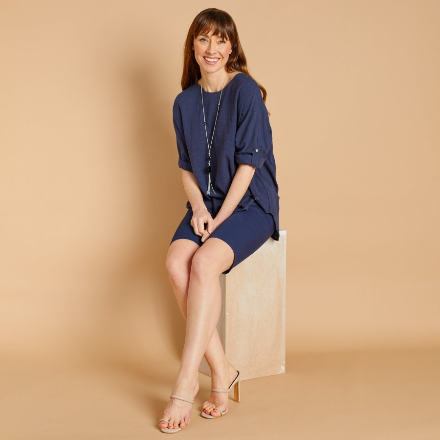 Tops Emreco Shirts & Blouses | Oversized Woven Top & Necklace Navy