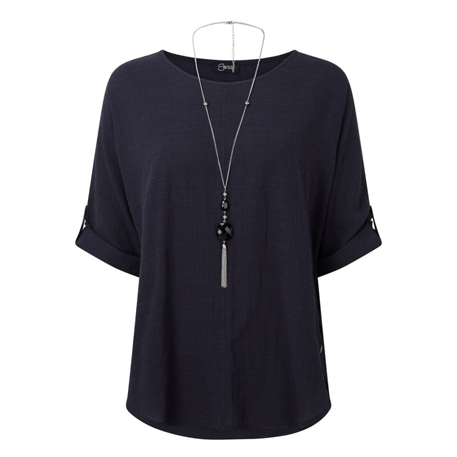 Tops Emreco Shirts & Blouses | Oversized Woven Top & Necklace Navy