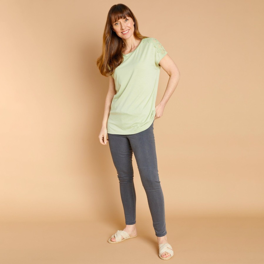 Tops Emreco T-Shirts & Tops | Slub Jersey Lace Shoulder T-Shirt Khaki