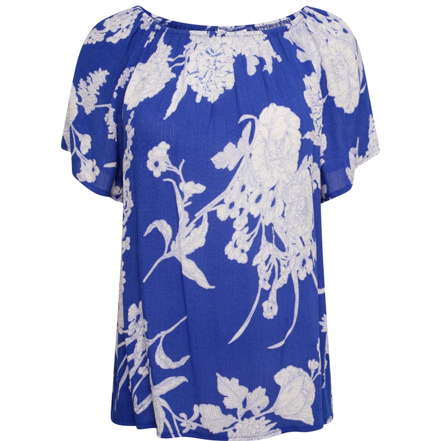 Tops Emreco Shirts & Blouses | Blue Floral Short Sleeve Floaty Top Blue / White