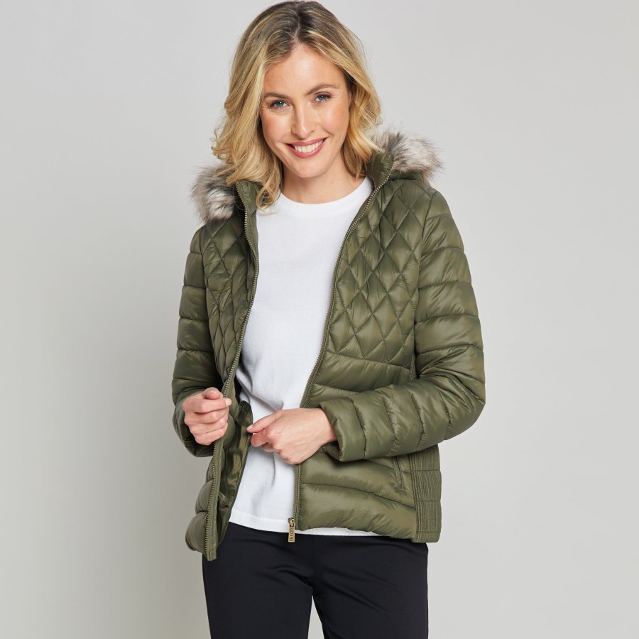 Outerwear Emreco | Long Sleeve Faux Fur Hood Quilted Jacket Khaki