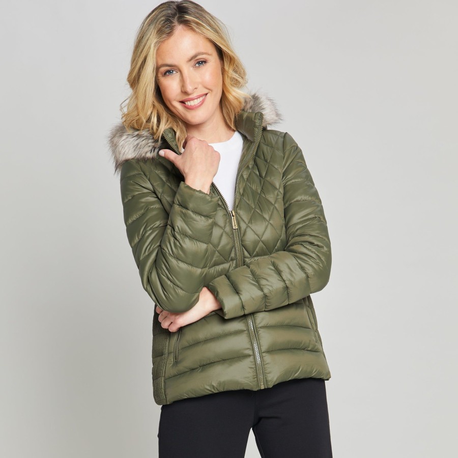 Outerwear Emreco | Long Sleeve Faux Fur Hood Quilted Jacket Khaki