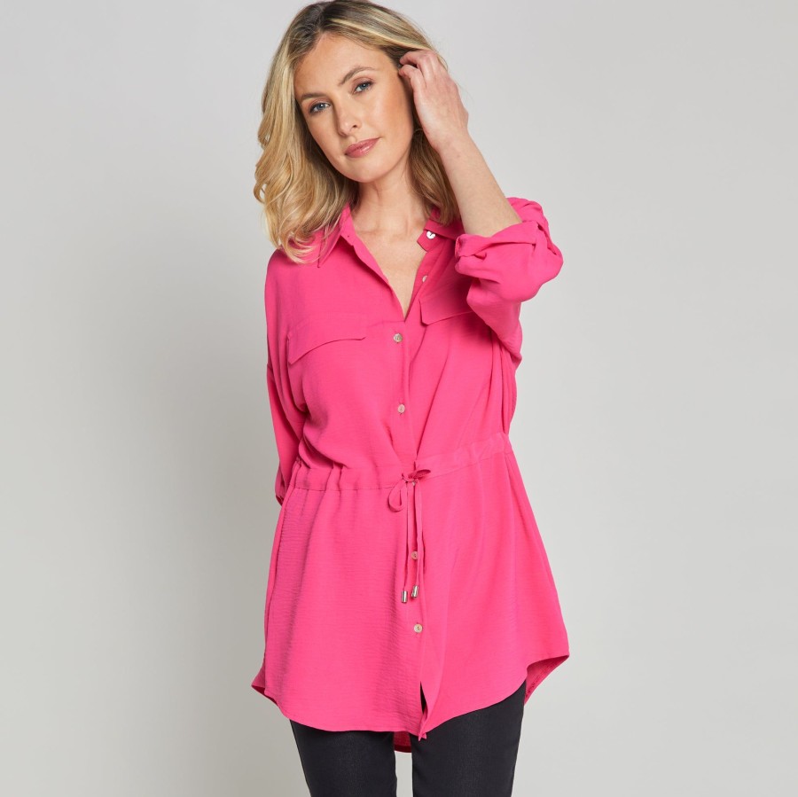 Tops Emreco Shirts & Blouses | Roll Sleeve Tie Waist Tunic Shirt Hot Pink