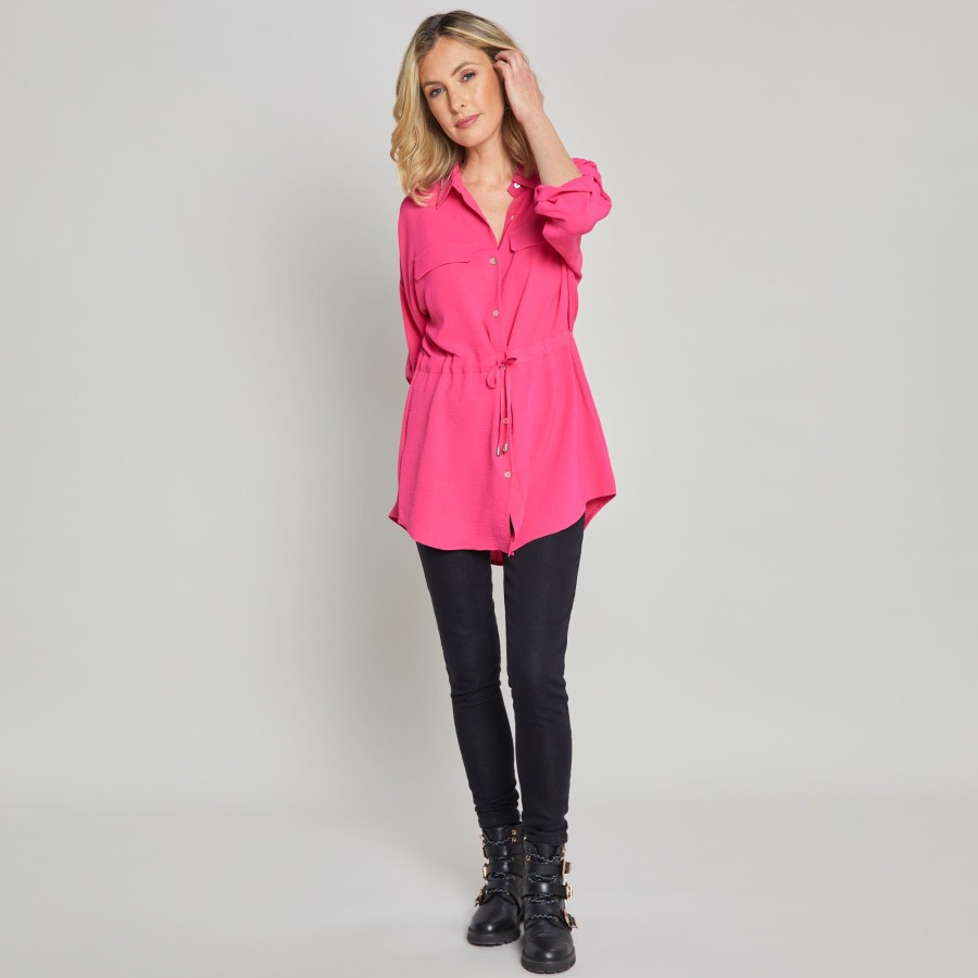 Tops Emreco Shirts & Blouses | Roll Sleeve Tie Waist Tunic Shirt Hot Pink