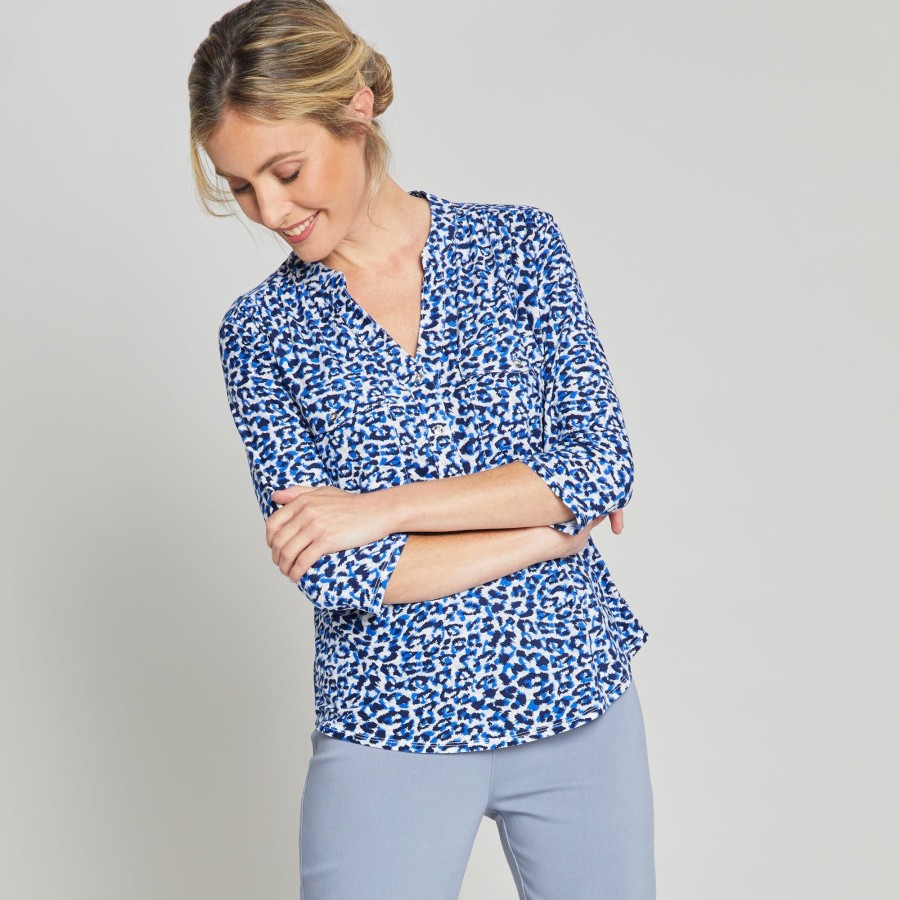 Tops Emreco Shirts & Blouses | 3/4 Sleeve Animal Print Blouse Blue