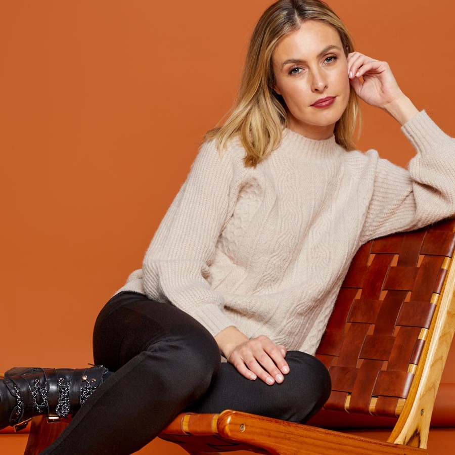 Tops Emreco Jumpers | Long Sleeve High Neck Cable Knit Jumper Beige