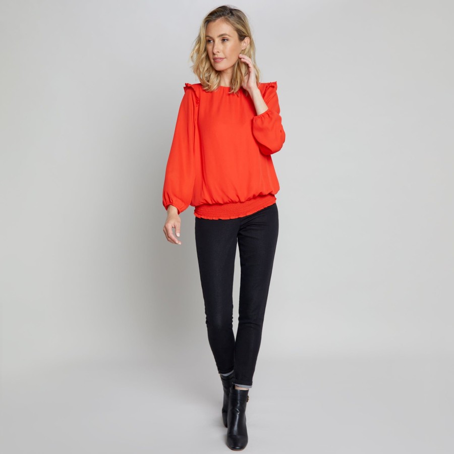 Tops Emreco Shirts & Blouses | Long Sleeve Shirred Hem Blouse Red