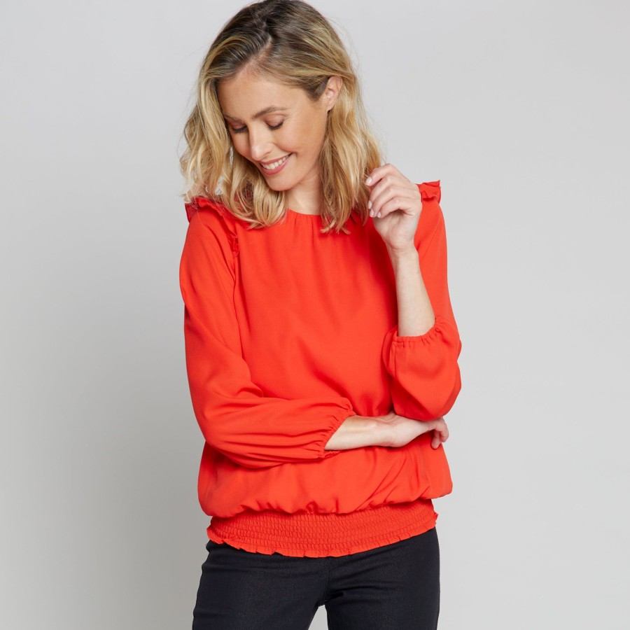 Tops Emreco Shirts & Blouses | Long Sleeve Shirred Hem Blouse Red