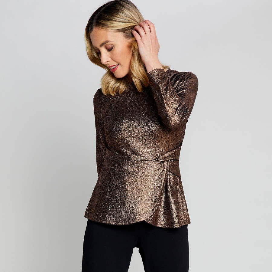 Tops Emreco Shirts & Blouses | Long Sleeve Shimmer Knot Waist Top Bronze