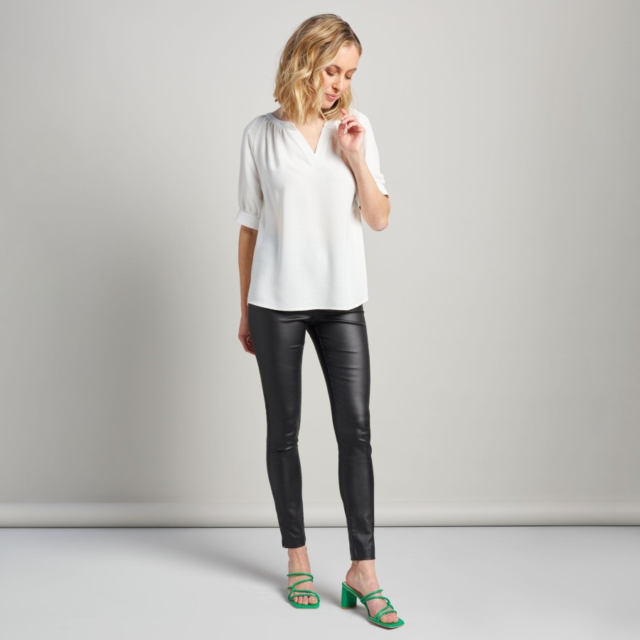 Tops Emreco Shirts & Blouses | Short Cuff Sleeve V-Neck Relaxed Blouse White