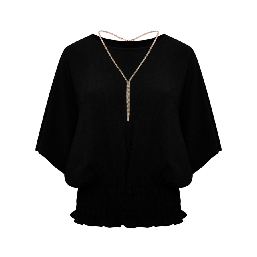 Tops Emreco Shirts & Blouses | Angel Sleeve Shirred Blouse Top Necklace Black