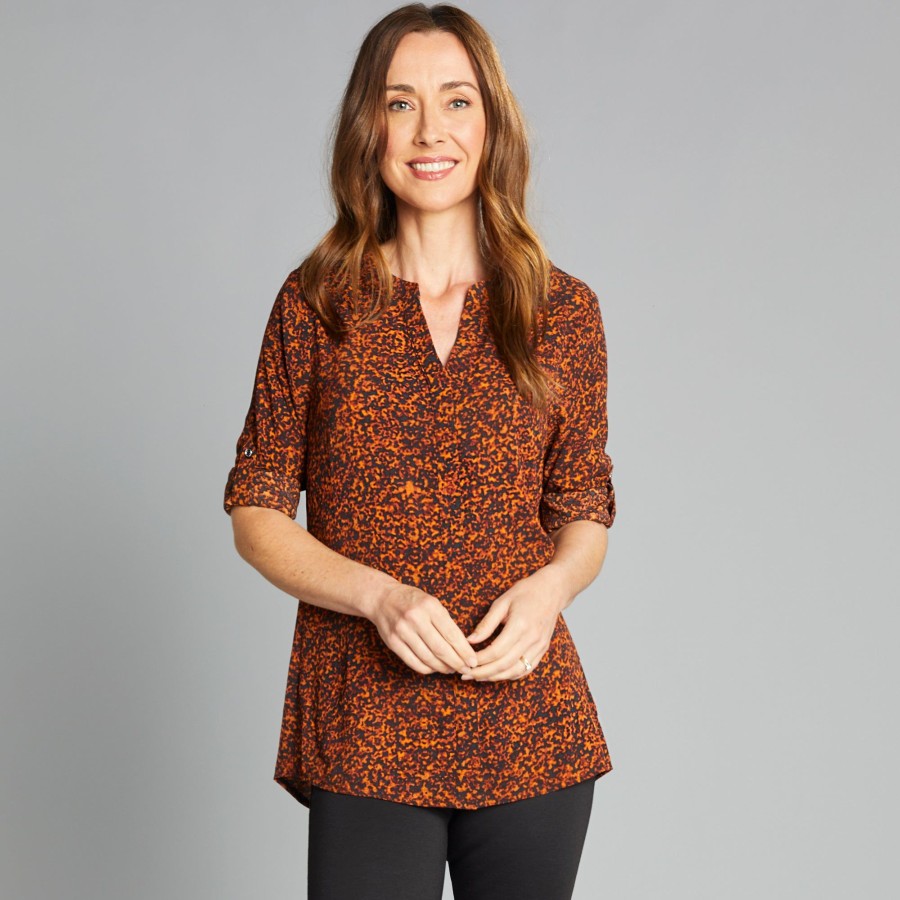 Tops Emreco Shirts & Blouses | Roll Sleeve Floral Print Blouse Orange