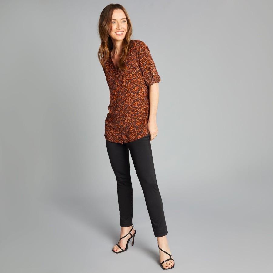 Tops Emreco Shirts & Blouses | Roll Sleeve Floral Print Blouse Orange