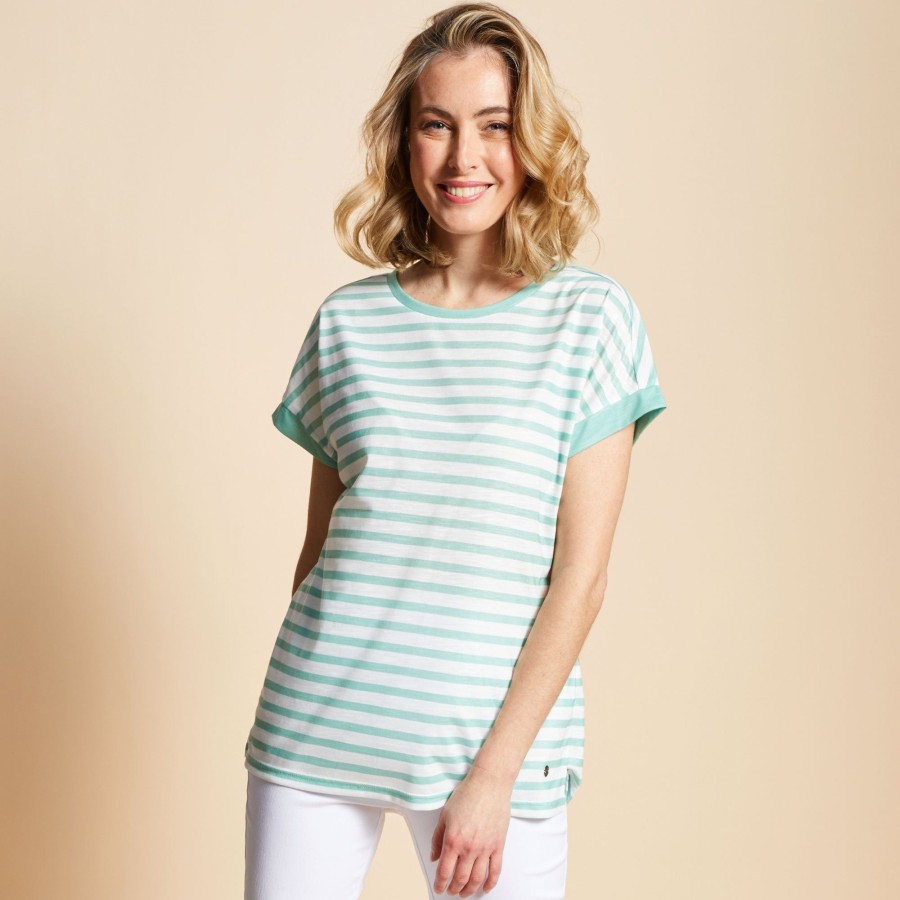 Tops Emreco T-Shirts & Tops | Stripe Crew Neck T Shirt White/Green