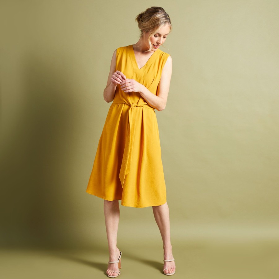 Dresses & Jumpsuits Emreco Midi | Tie Front Sleeveless V-Neck Midi Dress Ochre