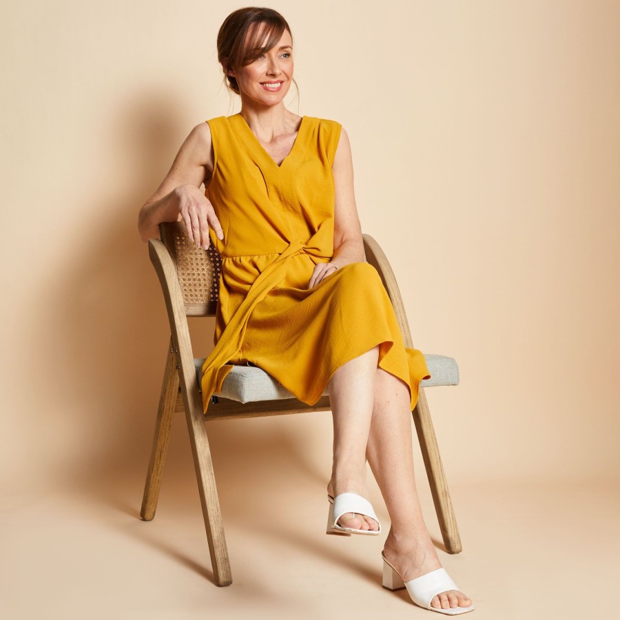 Dresses & Jumpsuits Emreco Midi | Tie Front Sleeveless V-Neck Midi Dress Ochre