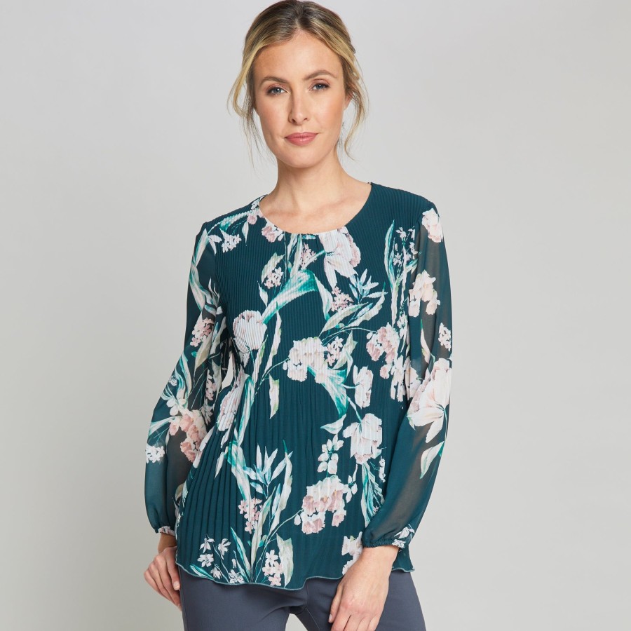 Tops Emreco Shirts & Blouses | Long Sleeve Print Pleated Swing Top Green