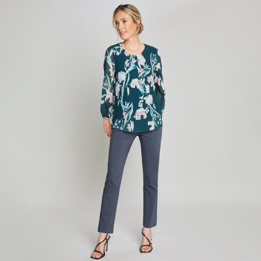 Tops Emreco Shirts & Blouses | Long Sleeve Print Pleated Swing Top Green