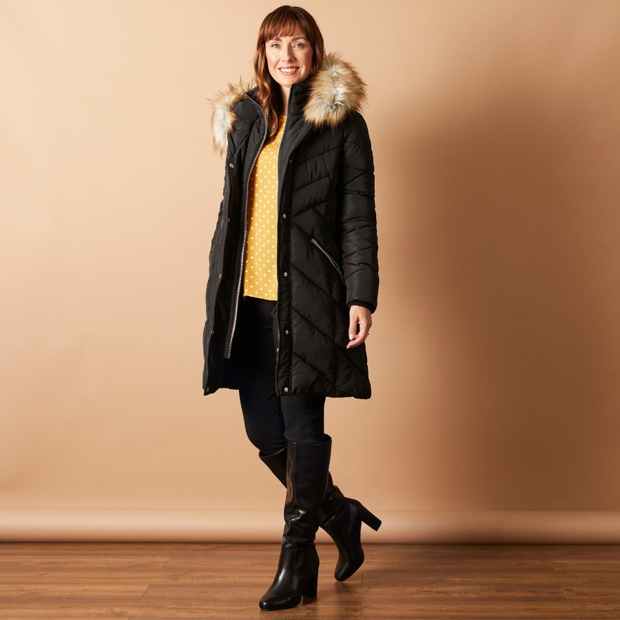 Outerwear Emreco | Fur Trim Longline Coat Black