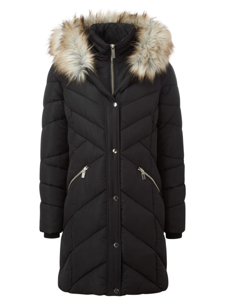 Outerwear Emreco | Fur Trim Longline Coat Black