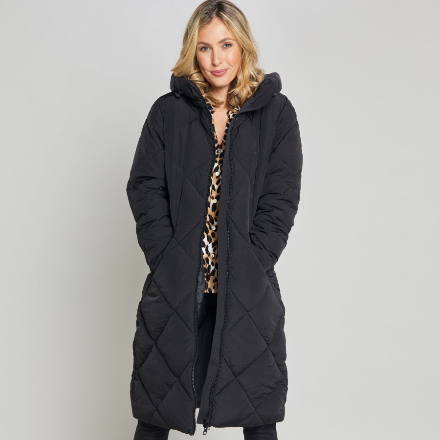 Outerwear Emreco | Quilted Long Padded Coat With Hood Black