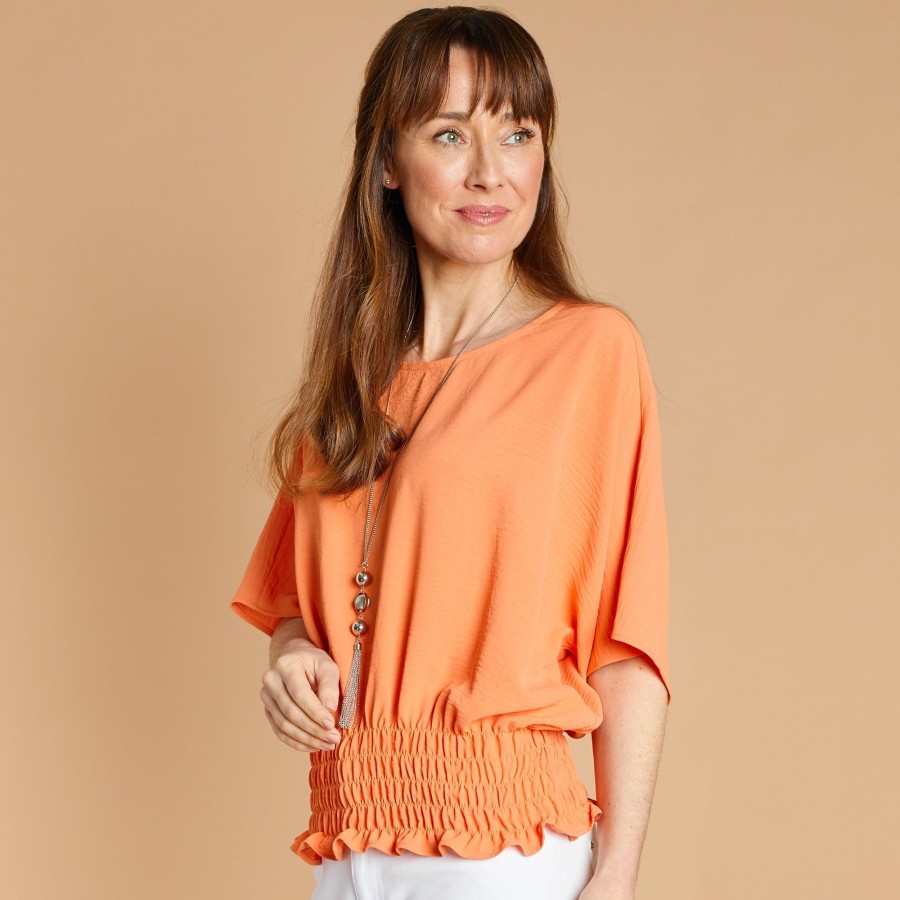 Tops Emreco Shirts & Blouses | Shirred Hem Floaty Sleeve Top & Necklace Papaya