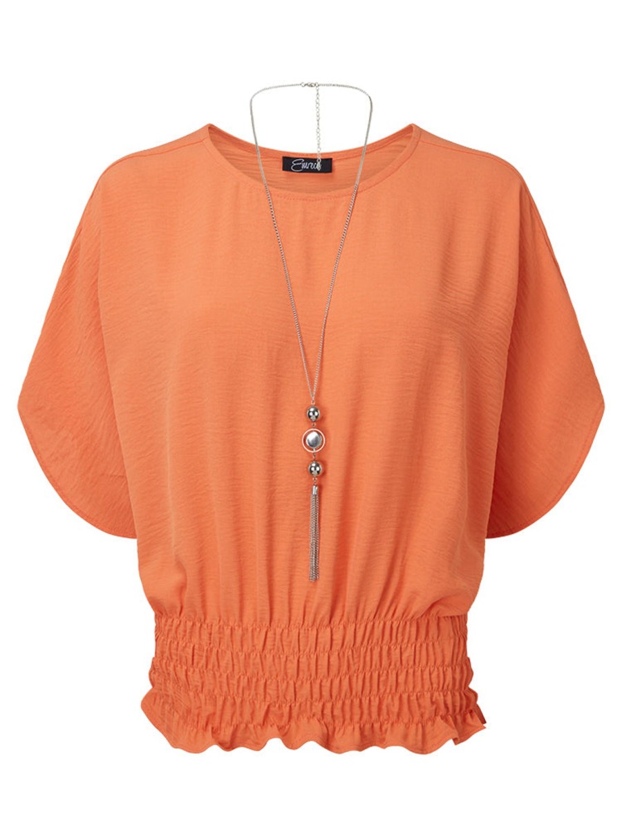 Tops Emreco Shirts & Blouses | Shirred Hem Floaty Sleeve Top & Necklace Papaya