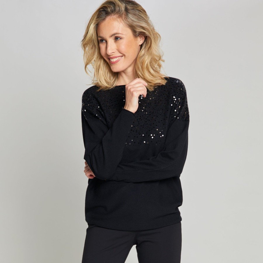 Tops Emreco Jumpers | Long Sleeve Sequin Batwing Jumper Black