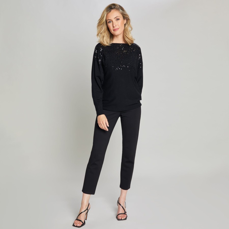 Tops Emreco Jumpers | Long Sleeve Sequin Batwing Jumper Black