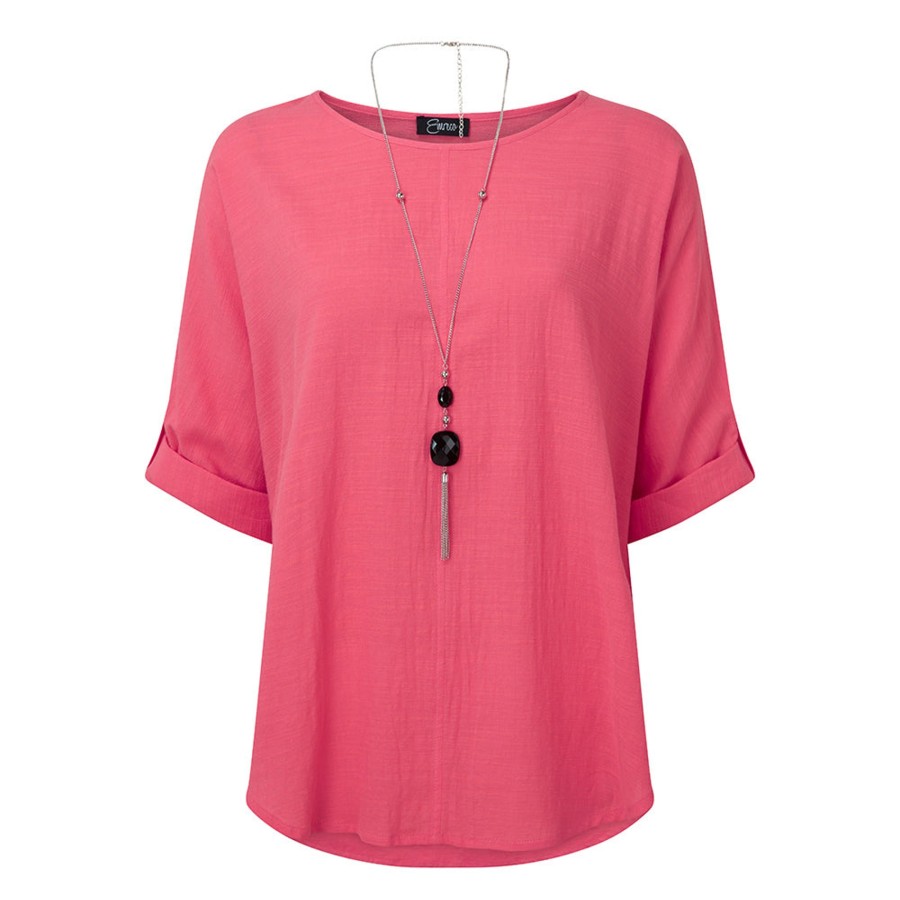 Tops Emreco Shirts & Blouses | Oversized Woven Top & Necklace Pink