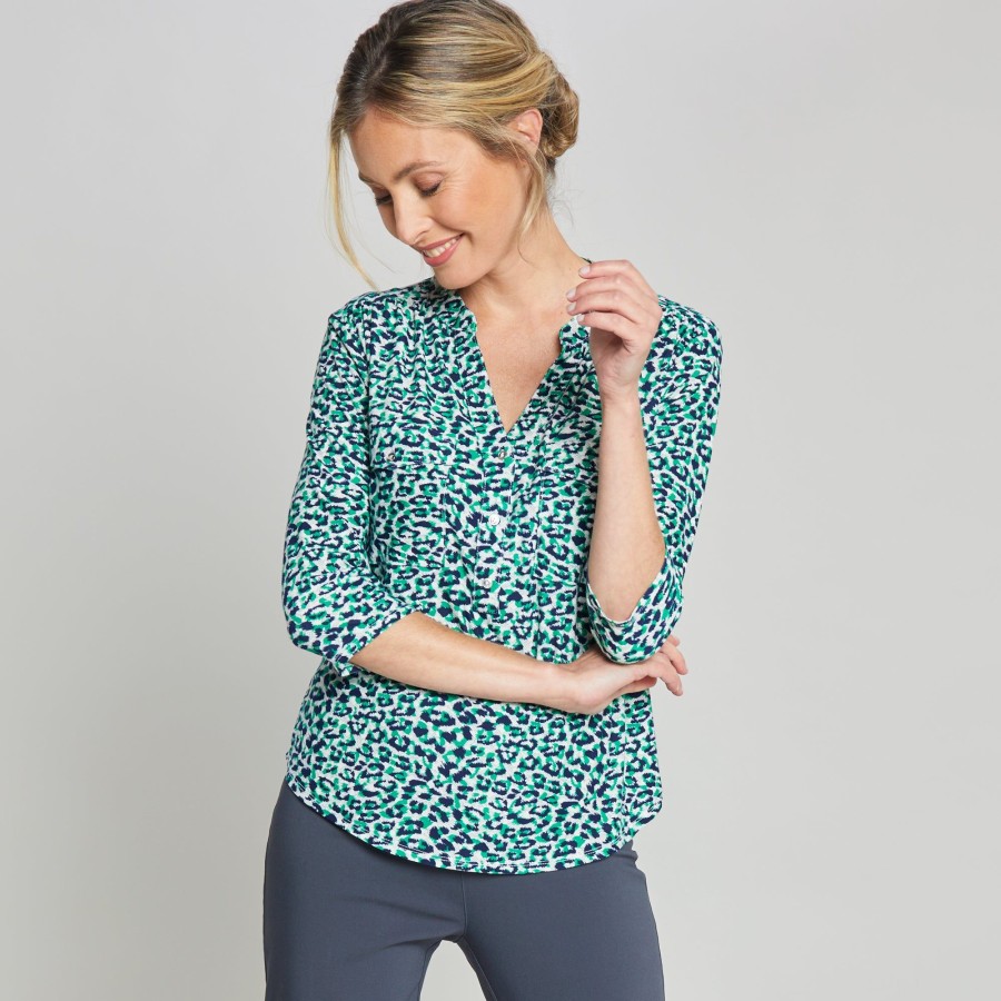 Tops Emreco Shirts & Blouses | 3/4 Sleeve Animal Print Blouse Green