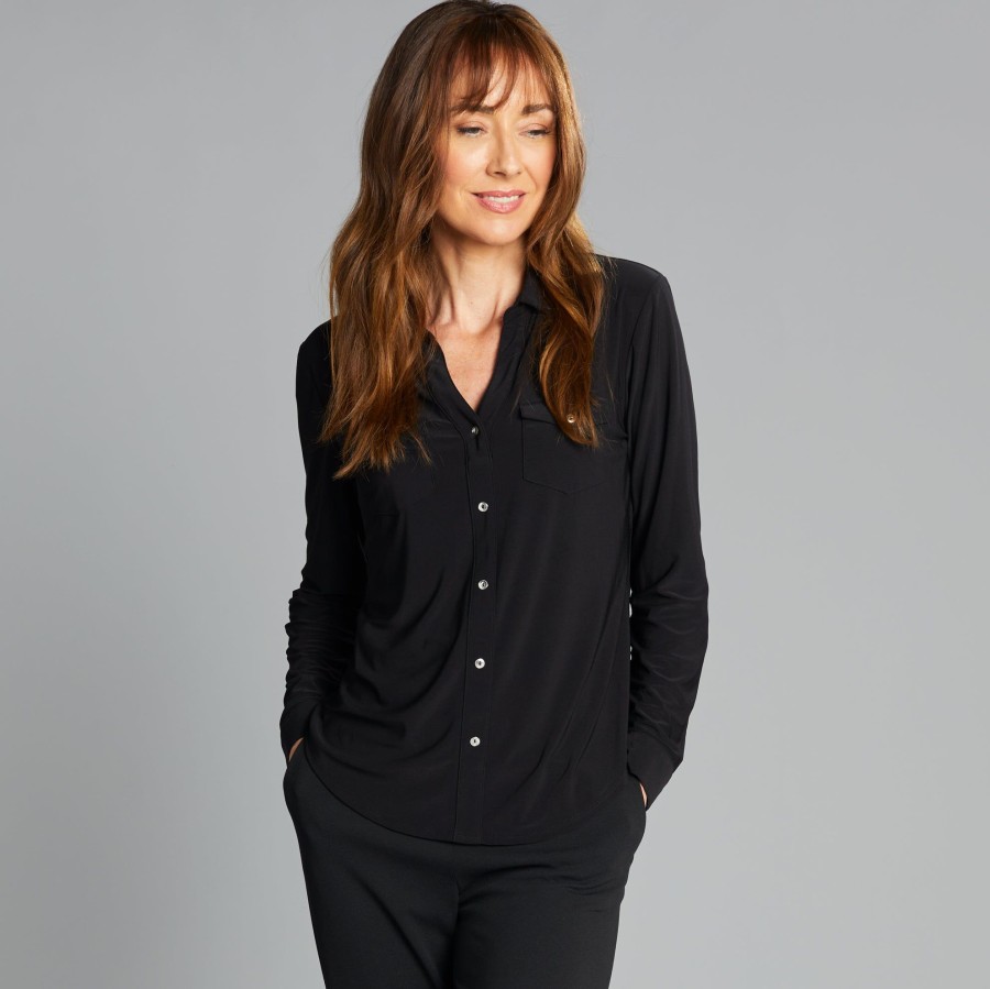 Tops Emreco Shirts & Blouses | Plain Long Sleeve Collar Blouse Top Black