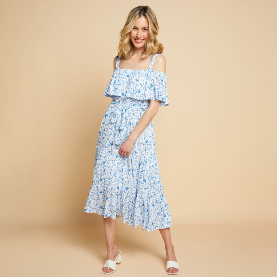 Dresses & Jumpsuits Emreco Midi | Floral Print Tie Waist Tiered Dress Blue