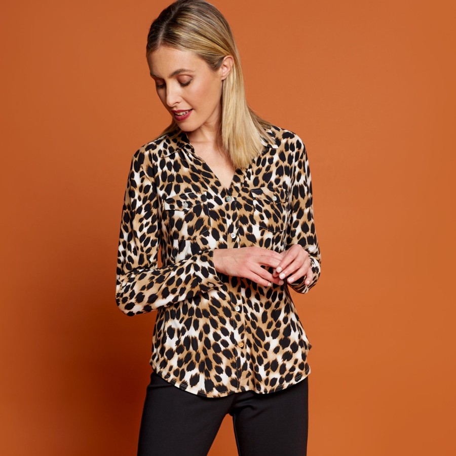 Tops Emreco Shirts & Blouses | Long Sleeve Animal Print Blouse Top Beige