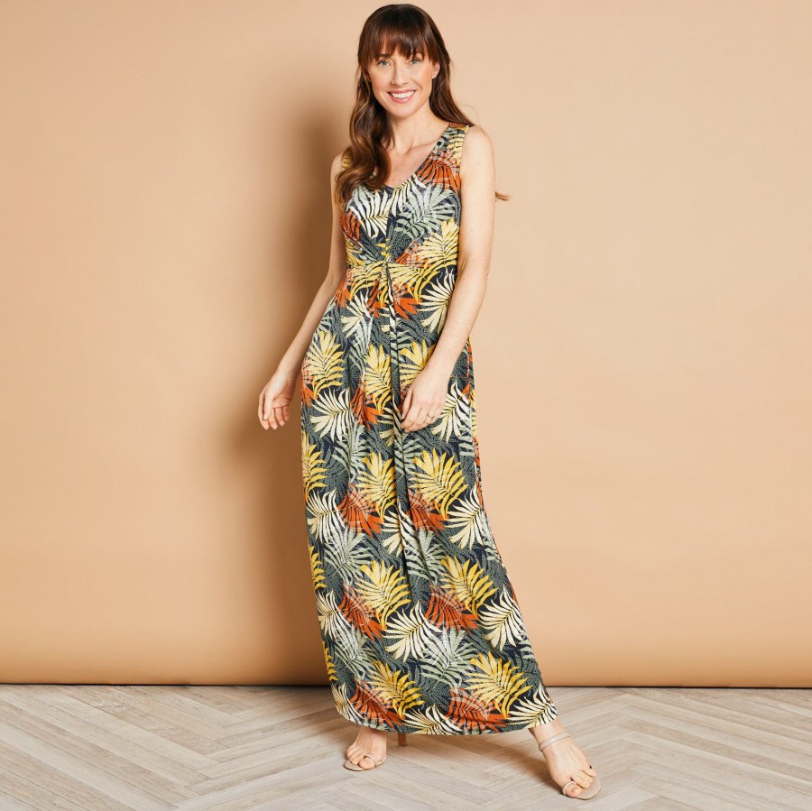 Dresses & Jumpsuits Emreco Maxi | Sleeveless Palm Print Front Pleat Maxi Spotted Palm