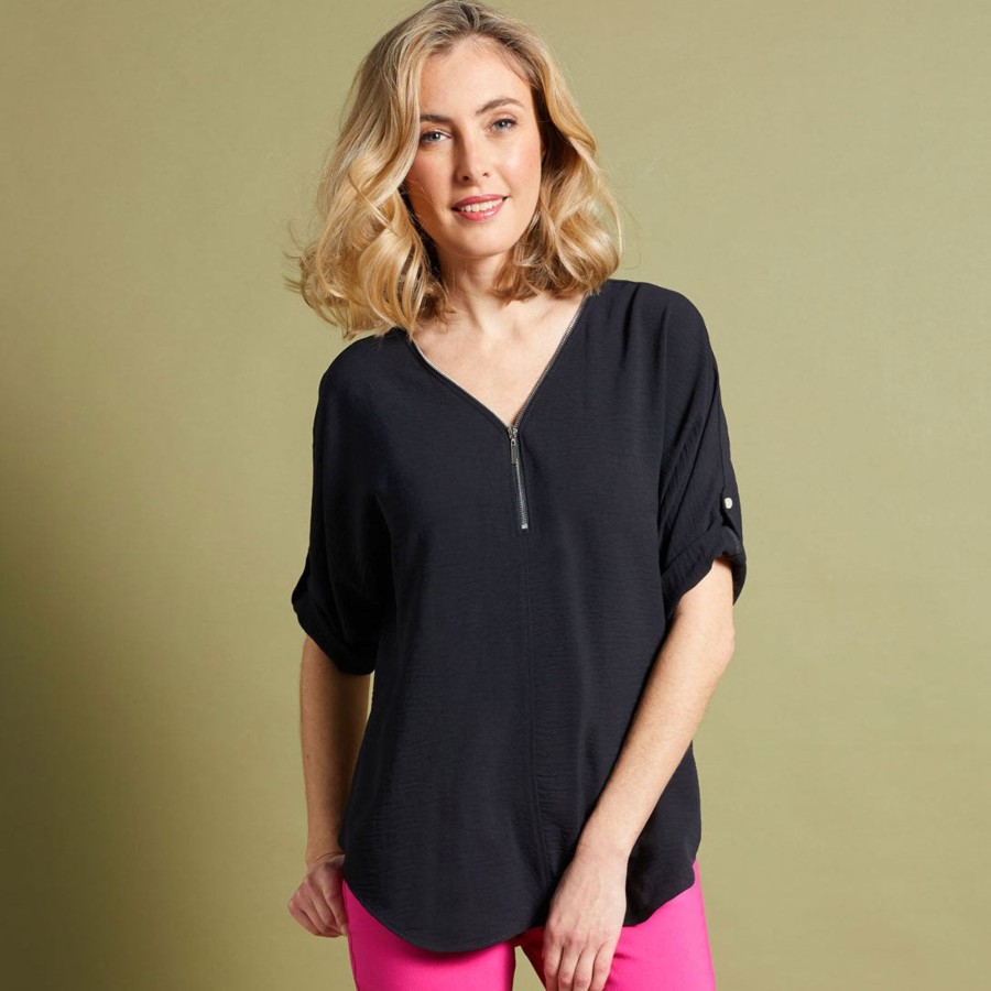 Tops Emreco Shirts & Blouses | Zip Front Roll Sleeve Relaxed Fit Blouse Black