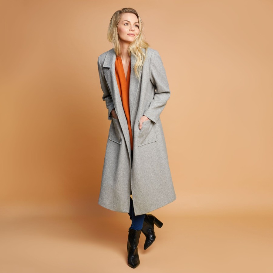 Outerwear Emreco | Longline Single Breasted Classic Coat Grey Melange